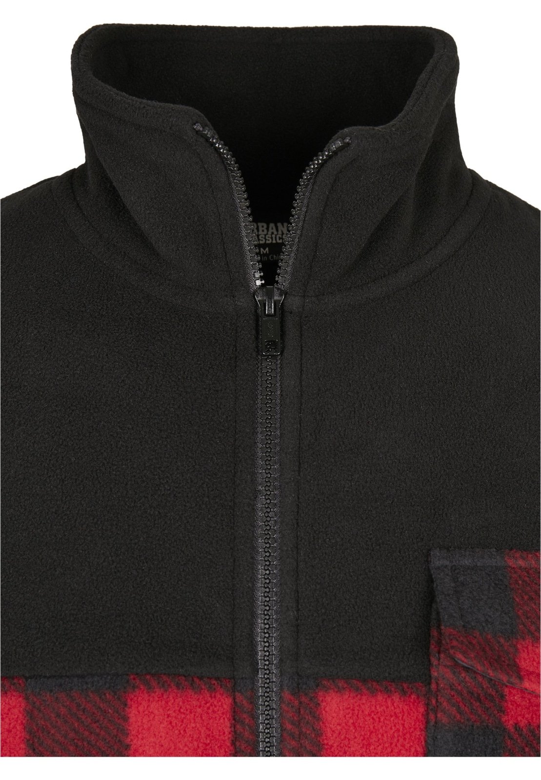 Men's Patterned Polar Fleece Track Jacket featuring a black top and plaid bottom, zip fastener, and practical pockets.