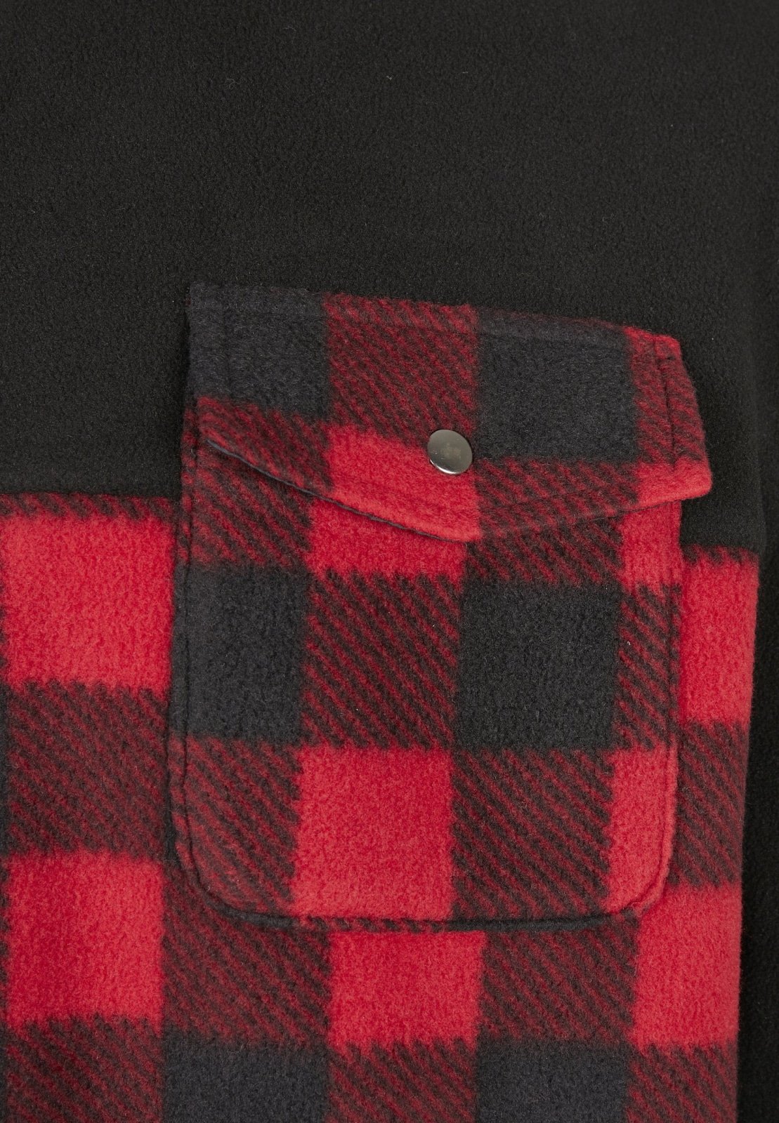 Men's Patterned Polar Fleece Track Jacket featuring a black top and plaid bottom, zip fastener, and practical pockets.