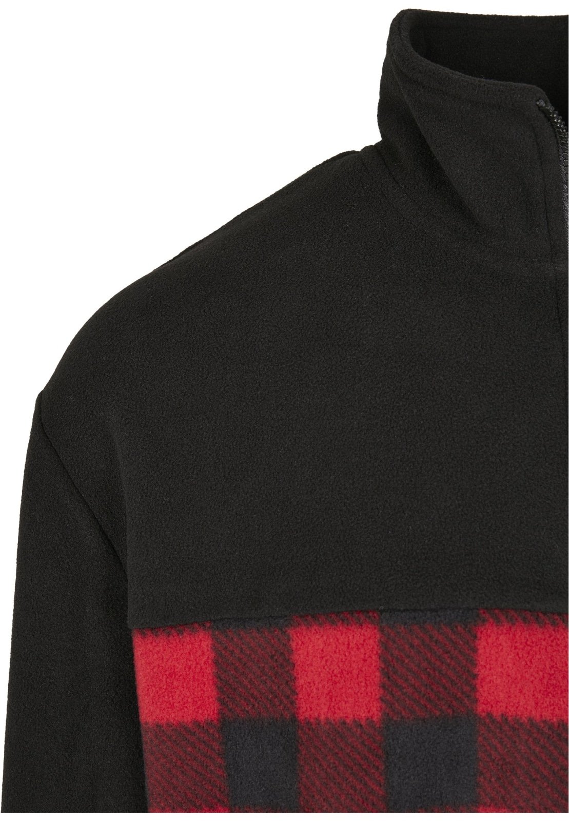 Men's Patterned Polar Fleece Track Jacket featuring a black top and plaid bottom, zip fastener, and practical pockets.