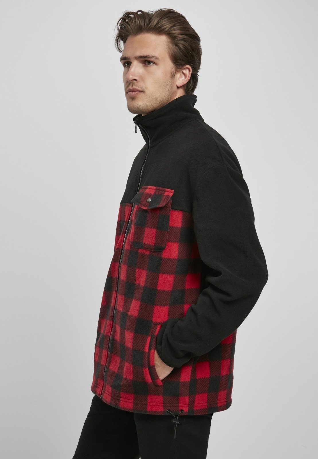 Men's Patterned Polar Fleece Track Jacket featuring a black top and plaid bottom, zip fastener, and practical pockets.