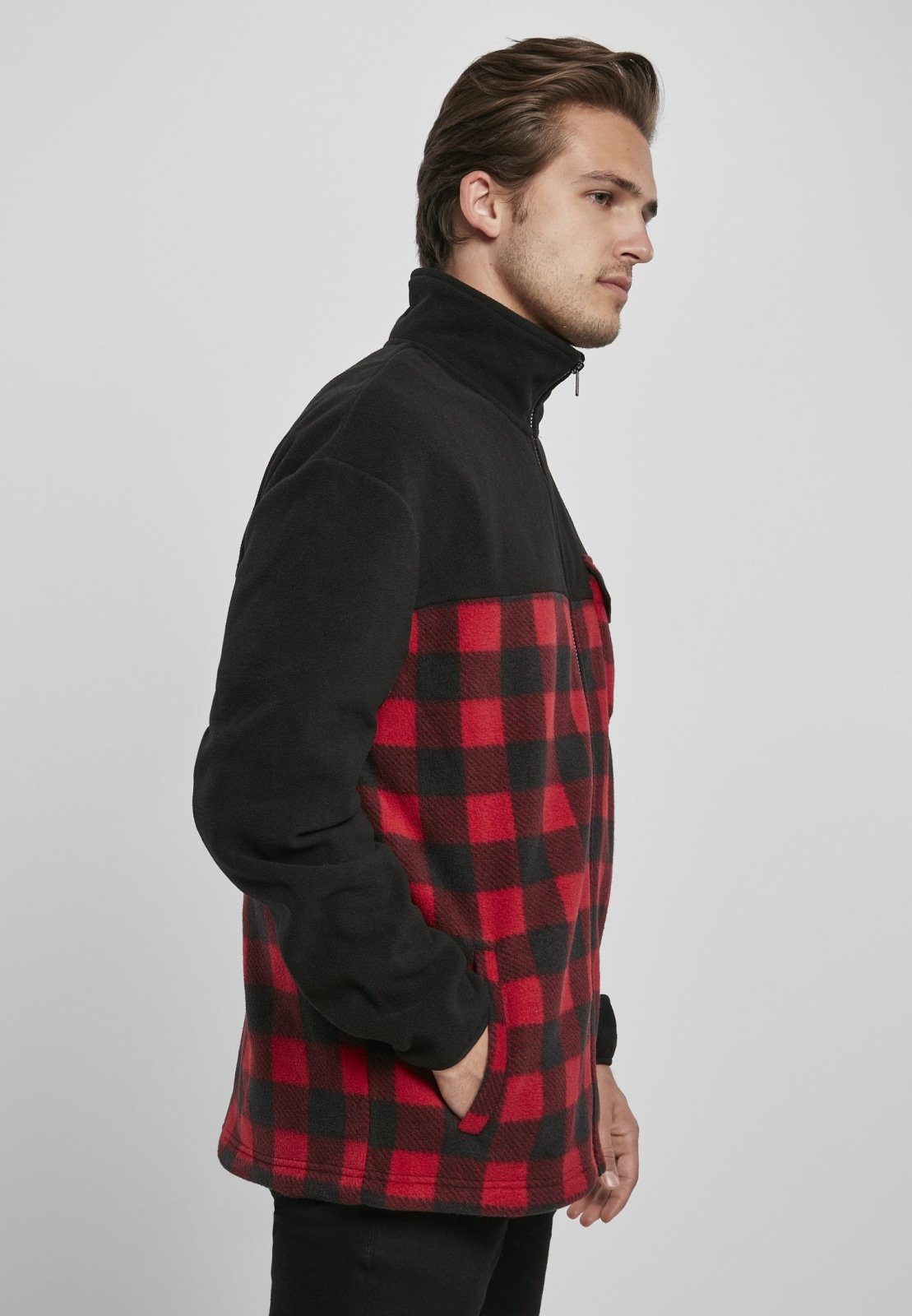 Men's Patterned Polar Fleece Track Jacket featuring a black top and plaid bottom, zip fastener, and practical pockets.