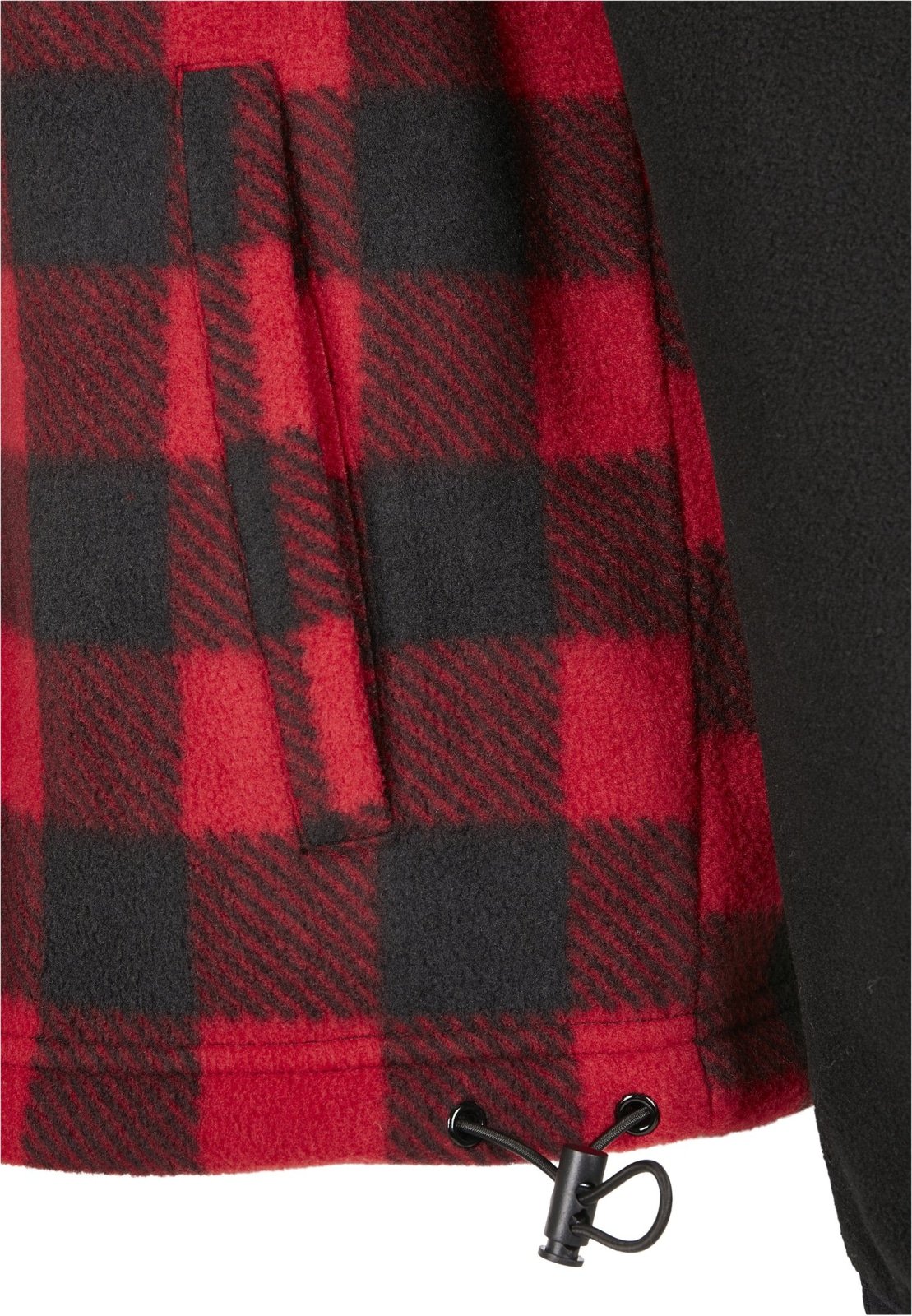 Men's Patterned Polar Fleece Track Jacket featuring a black top and plaid bottom, zip fastener, and practical pockets.