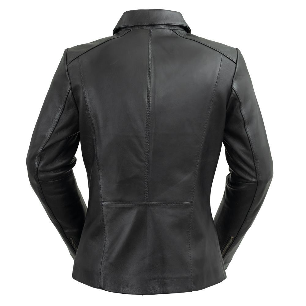 Patricia Women's Leather Jacket made of genuine sheepskin leather, featuring a slim fit, scuba collar, and zippered pockets.