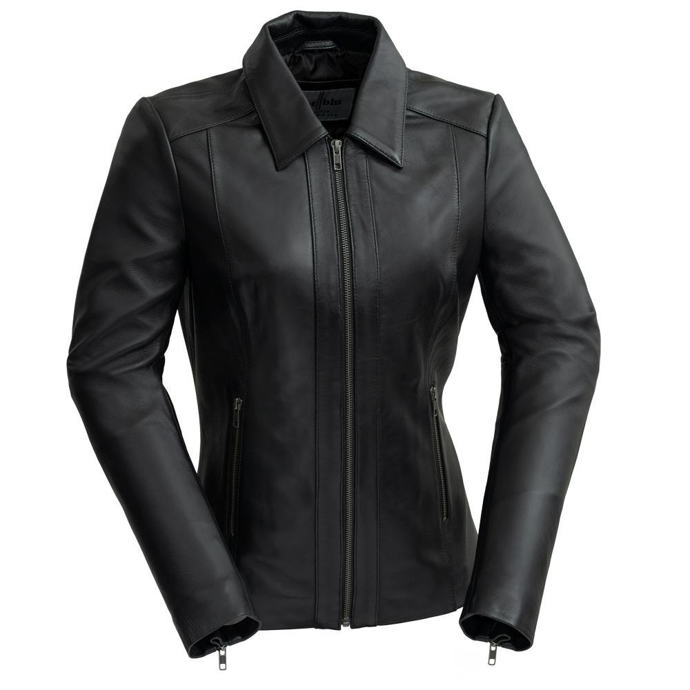 Patricia Women's Leather Jacket made of genuine sheepskin leather, featuring a slim fit, scuba collar, and zippered pockets.