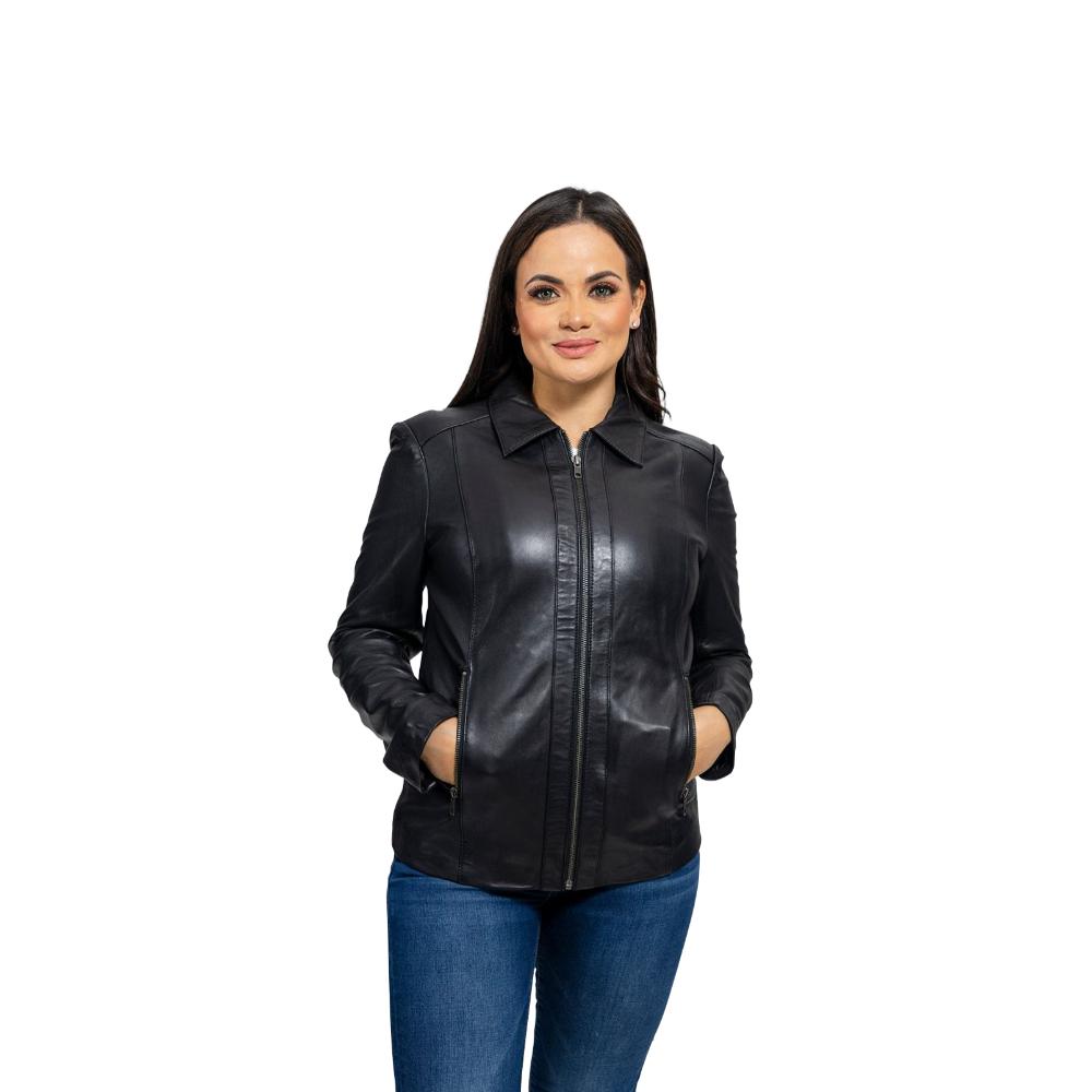 Patricia lambskin leather jacket featuring a slim fit, scuba collar, and zippered pockets, showcasing its elegant design and quality craftsmanship.