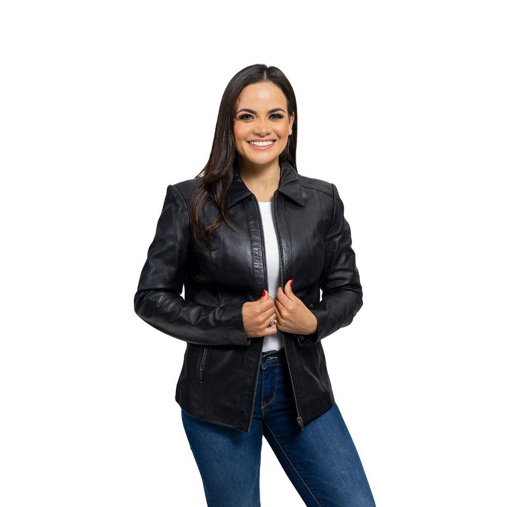 Patricia lambskin leather jacket featuring a slim fit, scuba collar, and zippered pockets, showcasing its elegant design and quality craftsmanship.