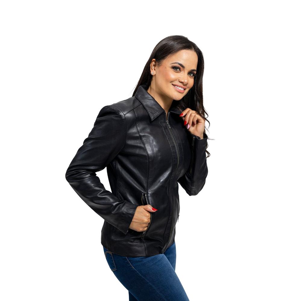 Patricia lambskin leather jacket featuring a slim fit, scuba collar, and zippered pockets, showcasing its elegant design and quality craftsmanship.