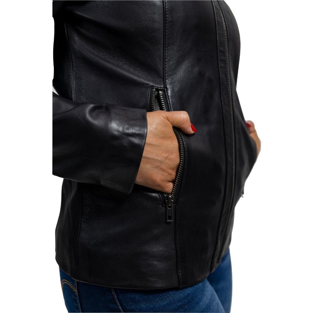 Patricia lambskin leather jacket featuring a slim fit, scuba collar, and zippered pockets, showcasing its elegant design and quality craftsmanship.