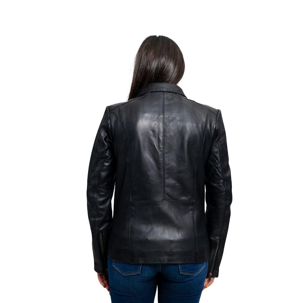 Patricia lambskin leather jacket featuring a slim fit, scuba collar, and zippered pockets, showcasing its elegant design and quality craftsmanship.