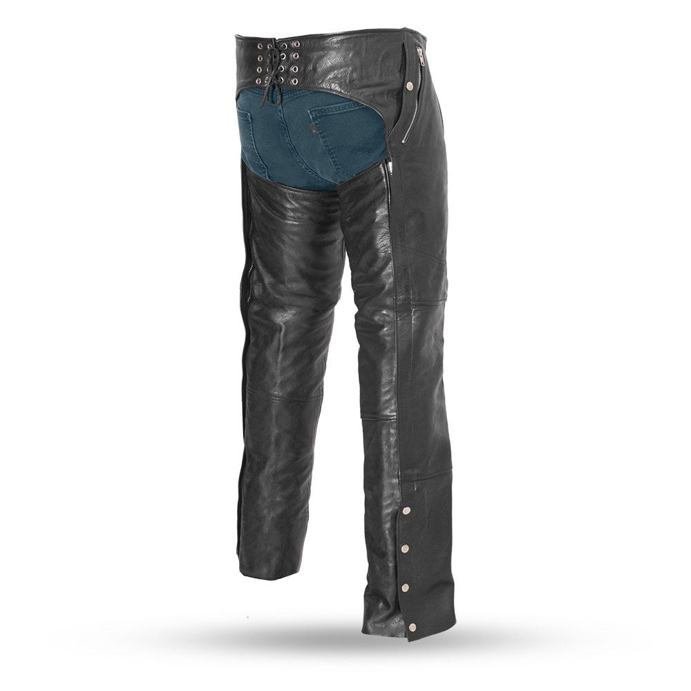 Patriot Unisex Motorcycle Leather Chaps showcasing durable cowhide leather, deep pockets, and adjustable features for comfort and style.