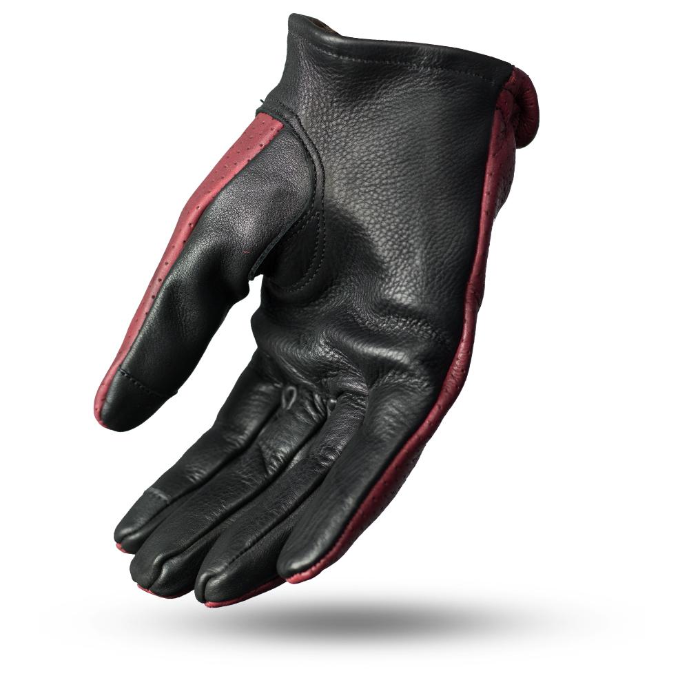 Men's motorcycle leather gloves with perforated design and touch tech fingers, ideal for riding.