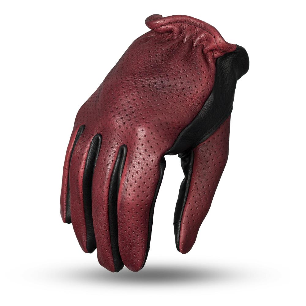 Men's motorcycle leather gloves with perforated design and touch tech fingers, ideal for riding.