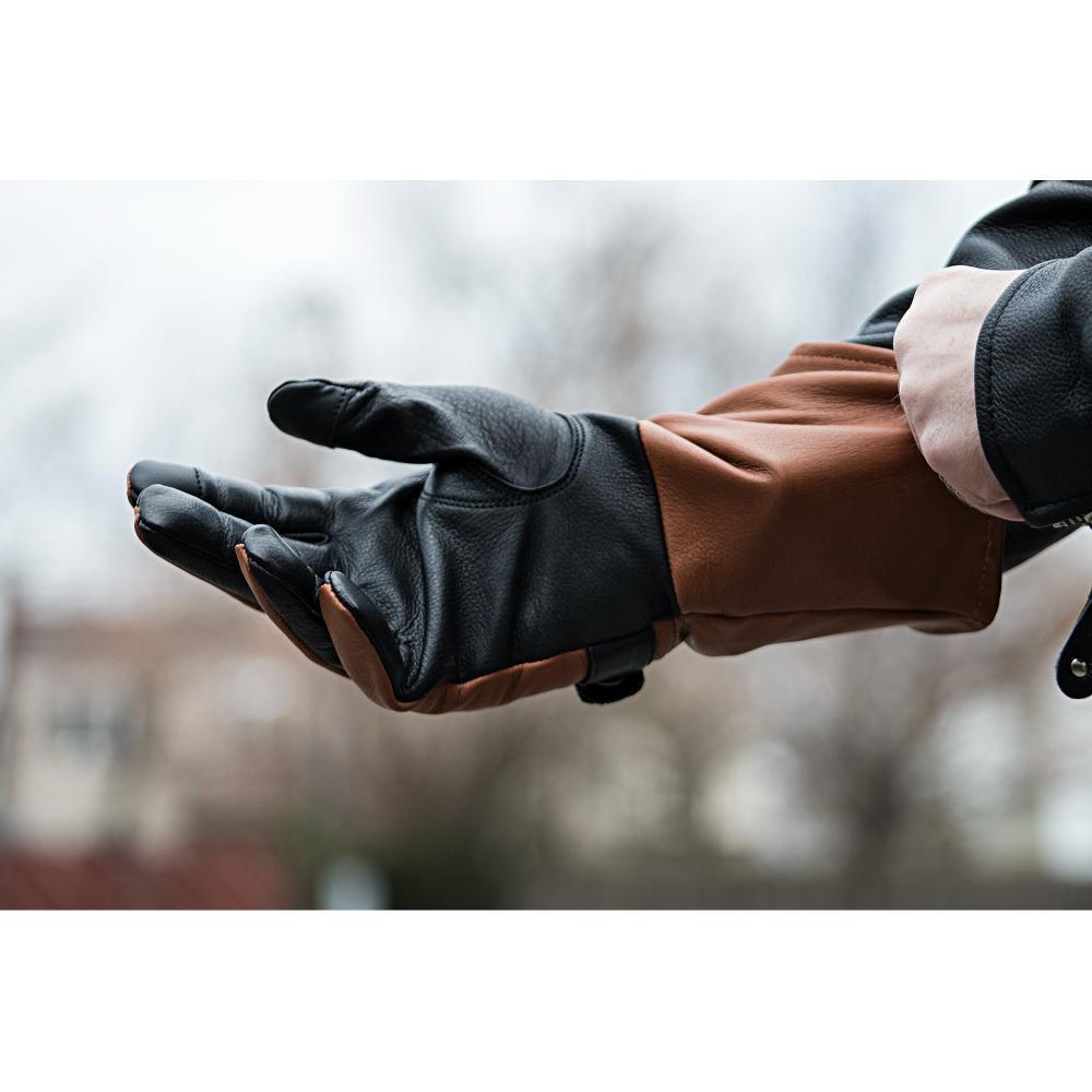 Phenom Men's Motorcycle Leather Gloves made from ultra-soft cowhide with a gauntlet design and touch tech fingers.