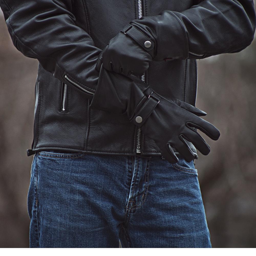 Phenom Men's Motorcycle Leather Gloves made from ultra-soft cowhide with a gauntlet design and touch tech fingers.