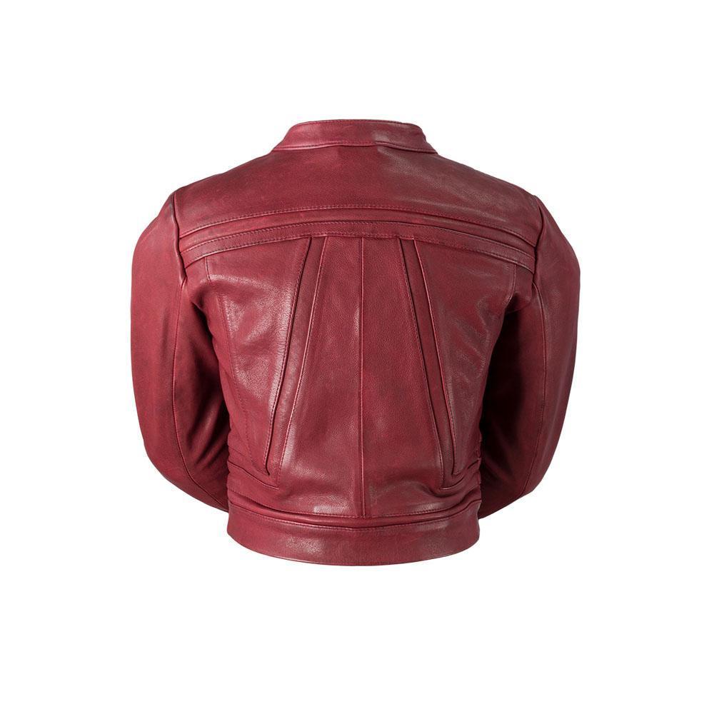 Pixie Women's Leather Jacket in oxblood with geometric design, featuring cropped fit and zip sleeves.