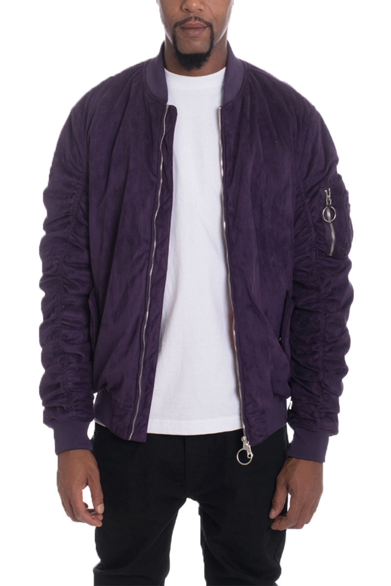 Plum faux suede bomber jacket with ribbed cuffs and pockets, showcasing a stylish design.