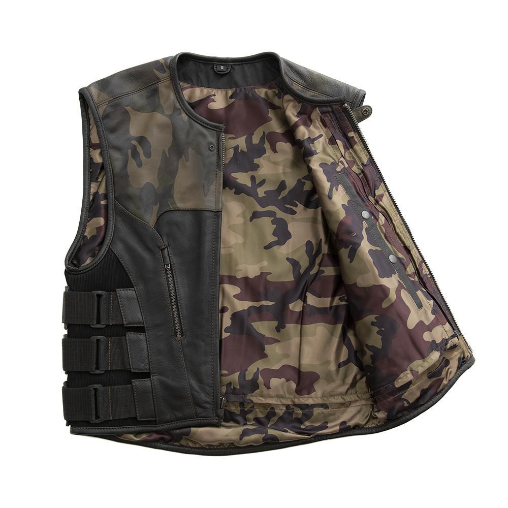 Limited edition Predator men's leather vest in woodland camo and black leather with SWAT style design.