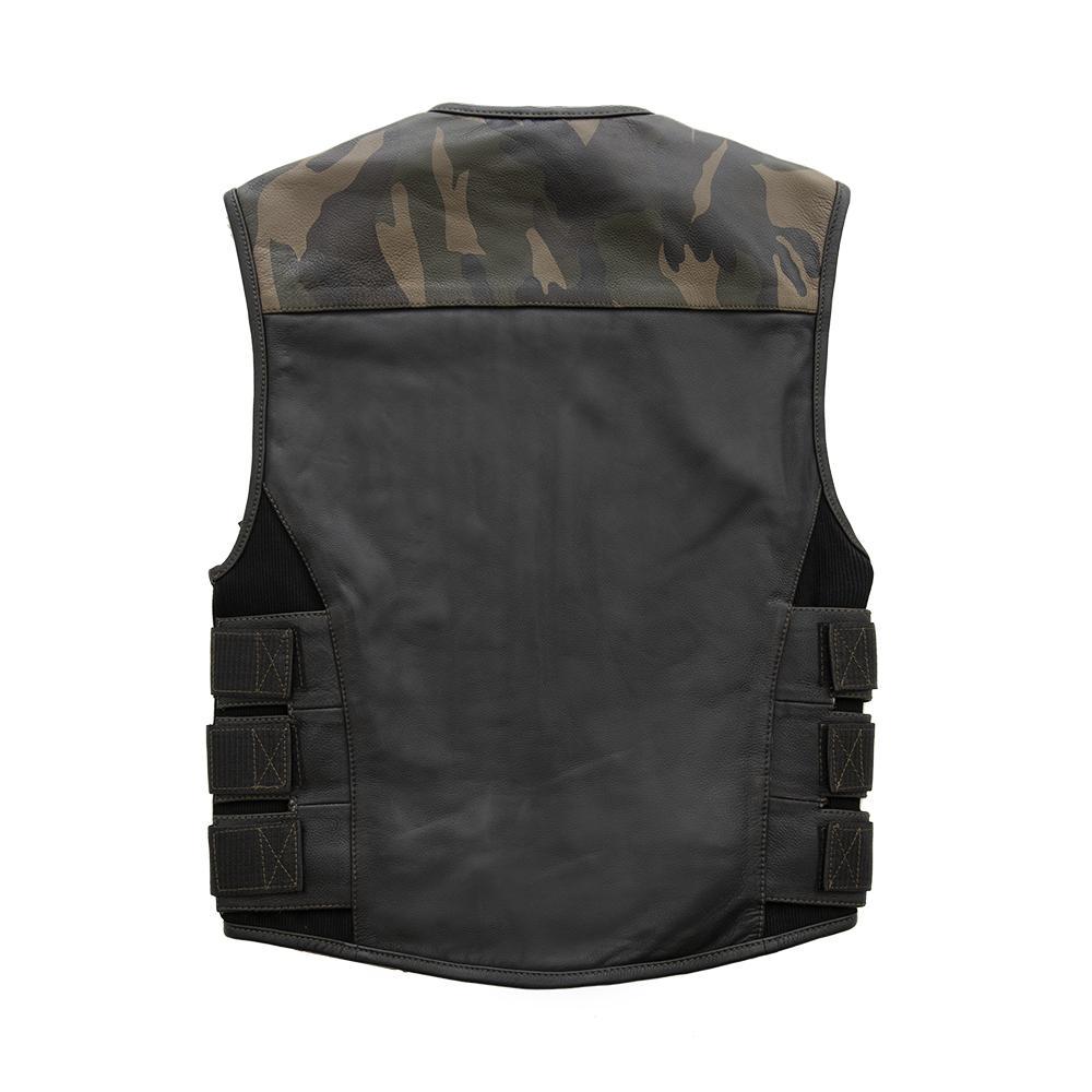 Limited edition Predator men's leather vest in woodland camo and black leather with SWAT style design.