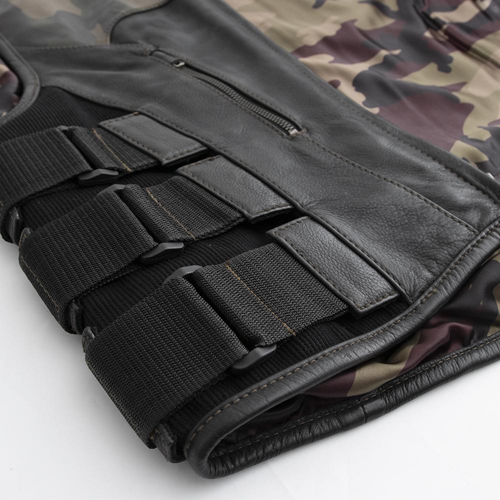 Limited edition Predator men's leather vest in woodland camo and black leather with SWAT style design.