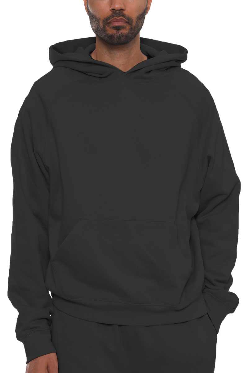 A cozy Pure Cotton Hoodie in a relaxed fit, showcasing its hood, standard pocket, and ribbed cuffs, perfect for casual wear.