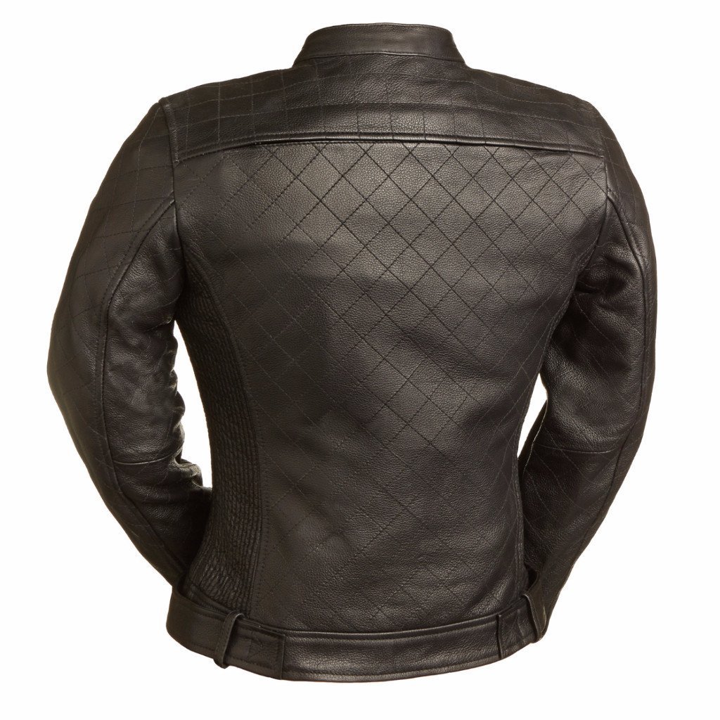 Queen of Diamonds Women's Motorcycle Leather Jacket featuring a quilted pattern and multiple pockets, made from soft cowhide leather.