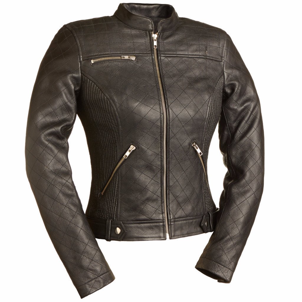 Queen of Diamonds Women's Motorcycle Leather Jacket featuring a quilted pattern and multiple pockets, made from soft cowhide leather.