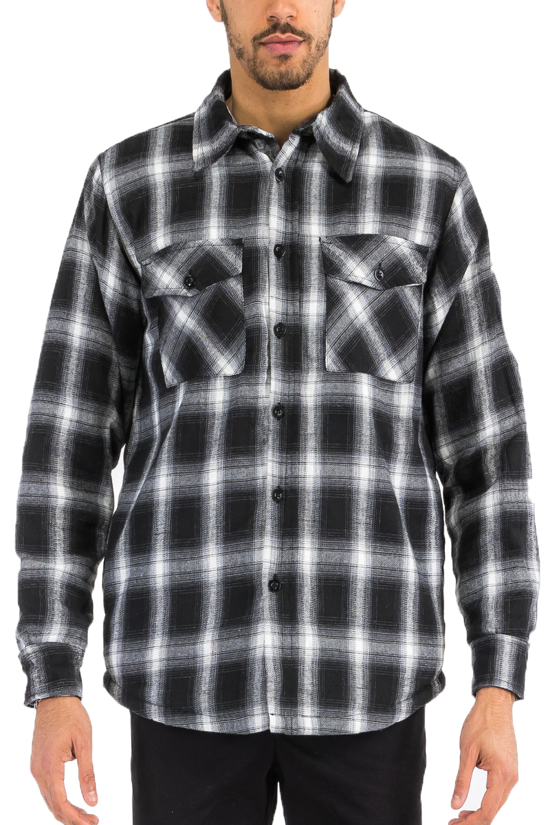 A stylish Quilted Flannel Shirt featuring a button closure, quilted polyester lining, and standard side pockets, perfect for layering.