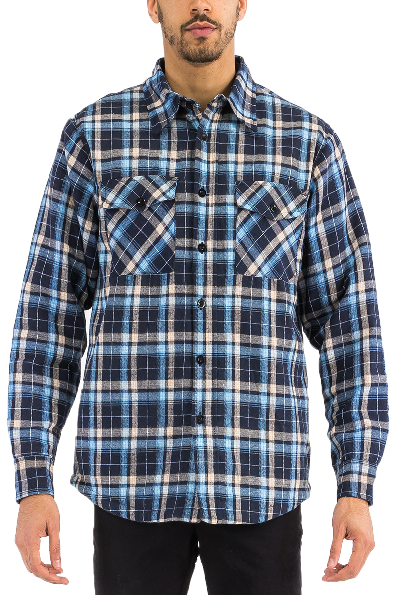 A stylish Quilted Flannel Shirt featuring a button closure, cozy quilted lining, and side pockets, perfect for layering and casual wear.