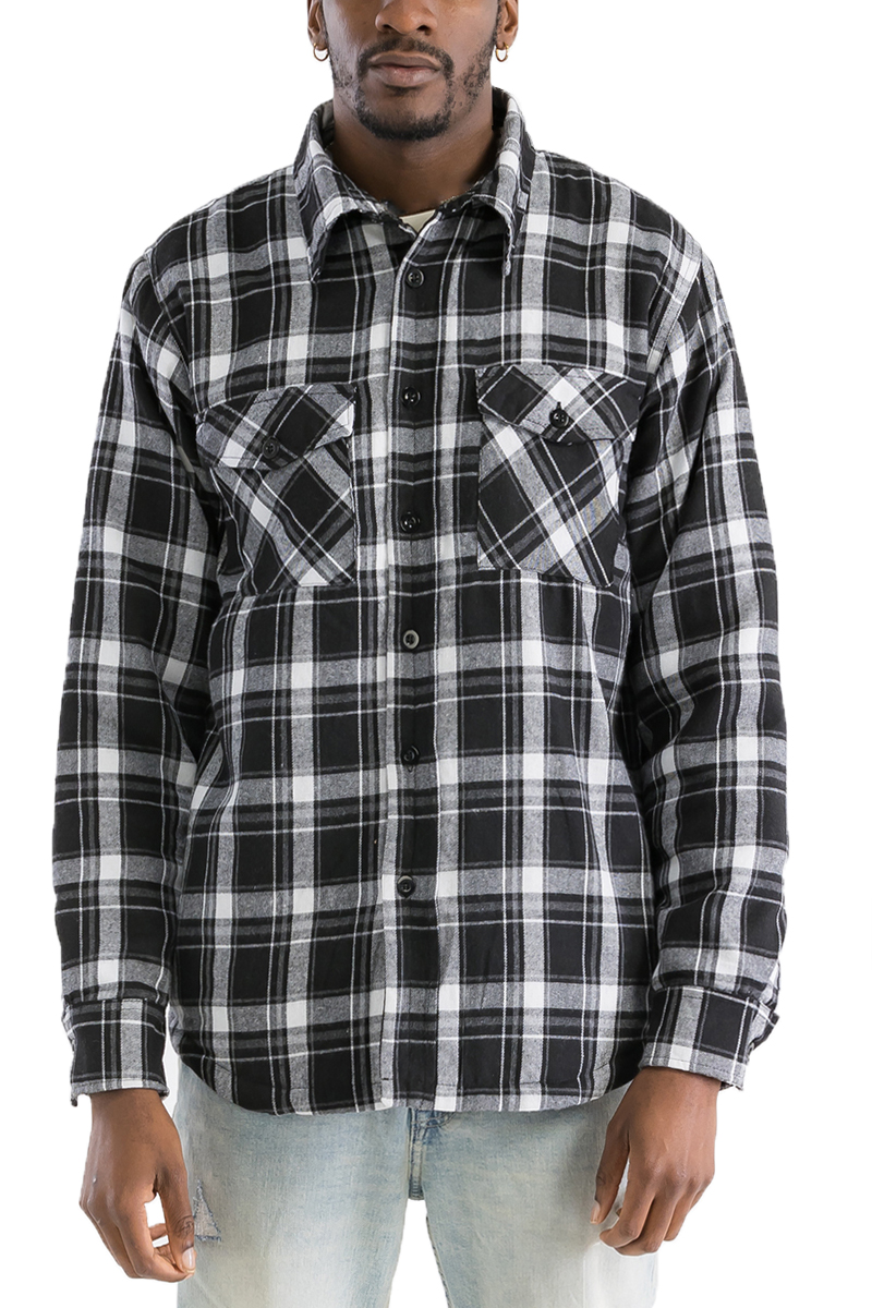 A stylish Quilted Flannel Shirt featuring a button closure, quilted polyester lining, and standard side pockets, perfect for layering.