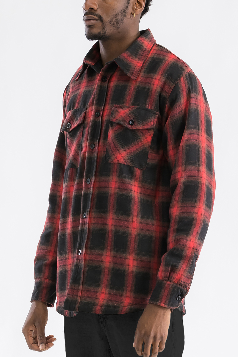 A stylish quilted flannel shirt featuring a button closure, cozy polyester lining, and standard side pockets, perfect for casual wear.