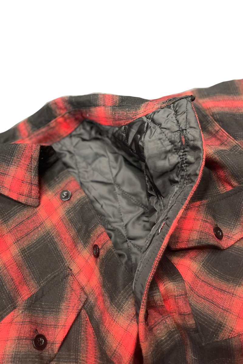 A stylish quilted flannel shirt featuring a button closure, cozy polyester lining, and standard side pockets, perfect for casual wear.