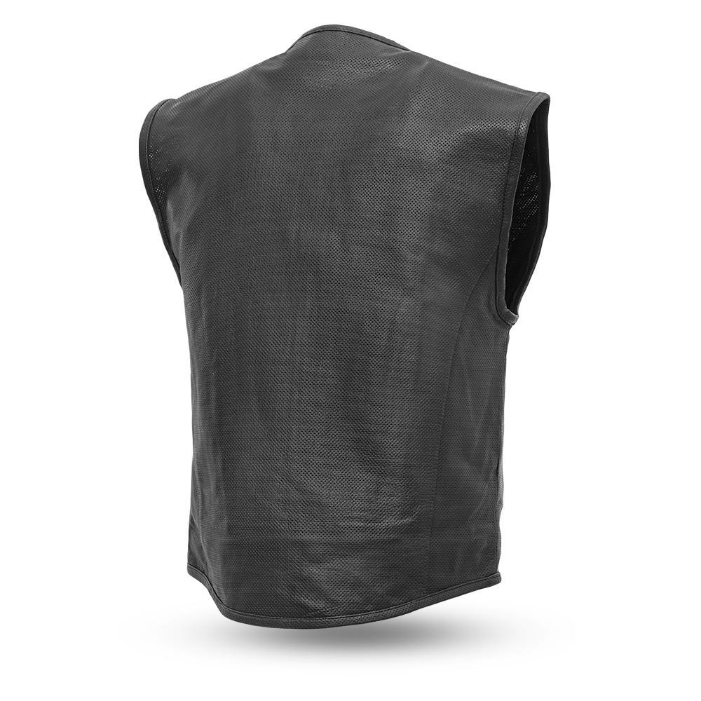 Raceway Perforated Swat Style Vest made from diamond naked cowhide with a roll-up collar and zippered pockets.