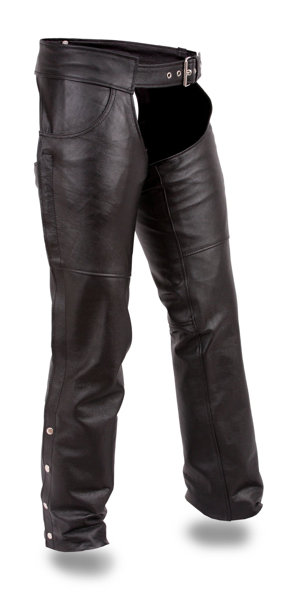 Rally Unisex Leather Chaps made from milled cowhide, featuring jean-style pockets and adjustable lacing.