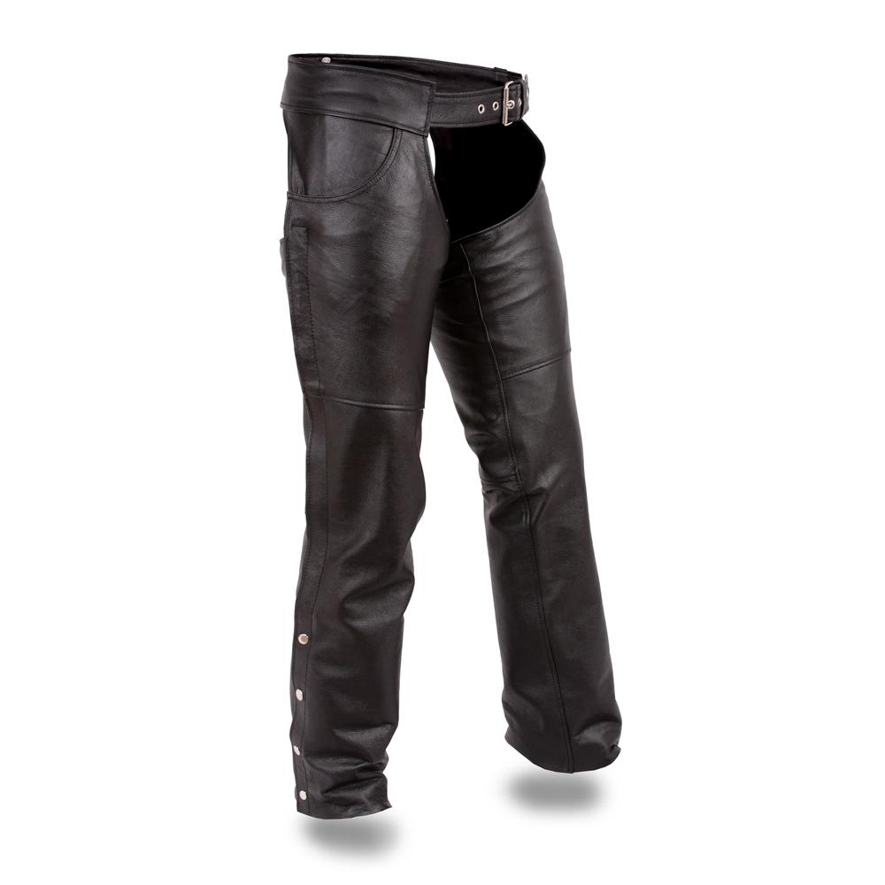 Rally Unisex Motorcycle Leather Chaps made from durable cowhide, featuring pockets and adjustable laces for a perfect fit.