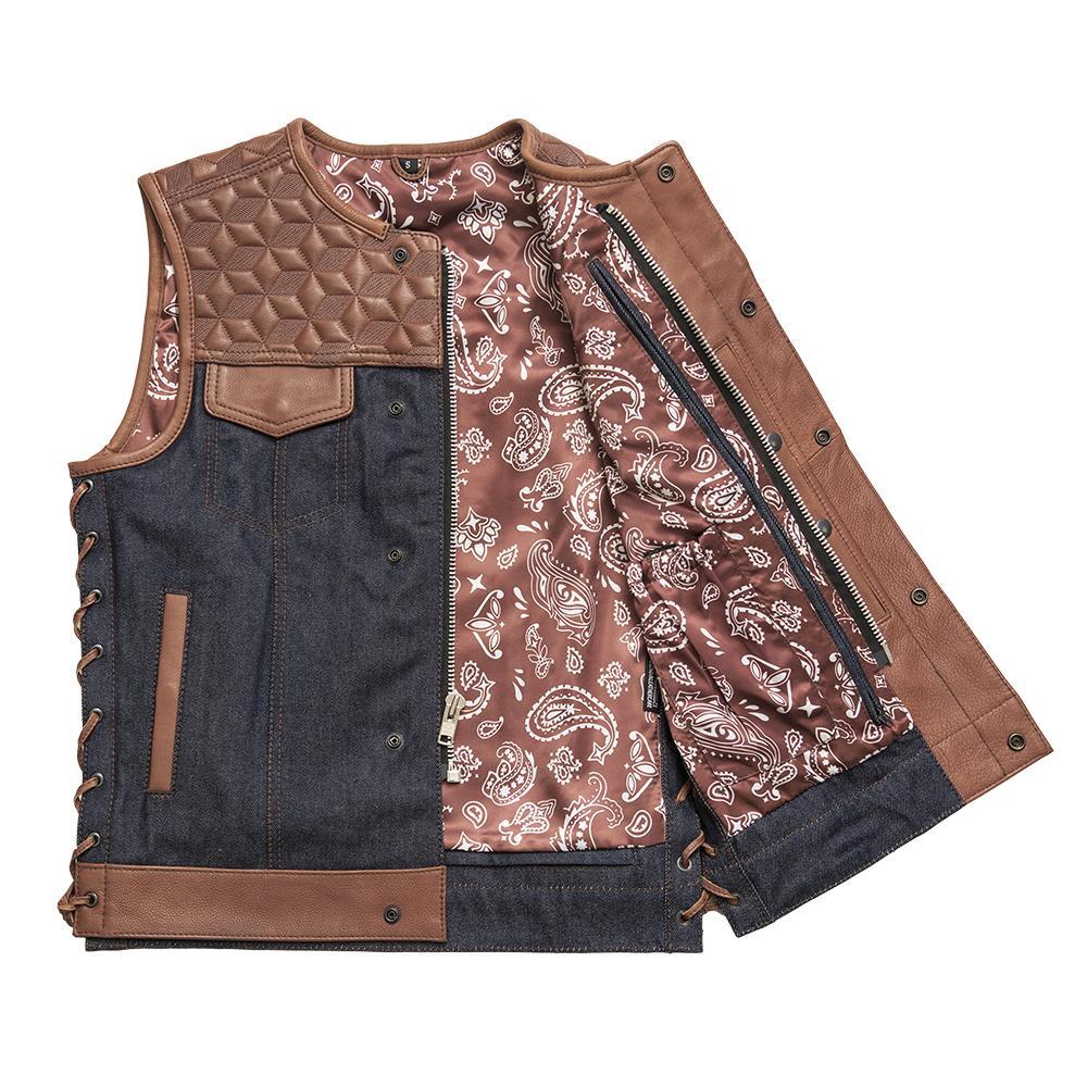 Red Label Men's Club Style Leather and Denim Vest featuring indigo denim torso, whiskey leather accents, and quilted shoulder texture.