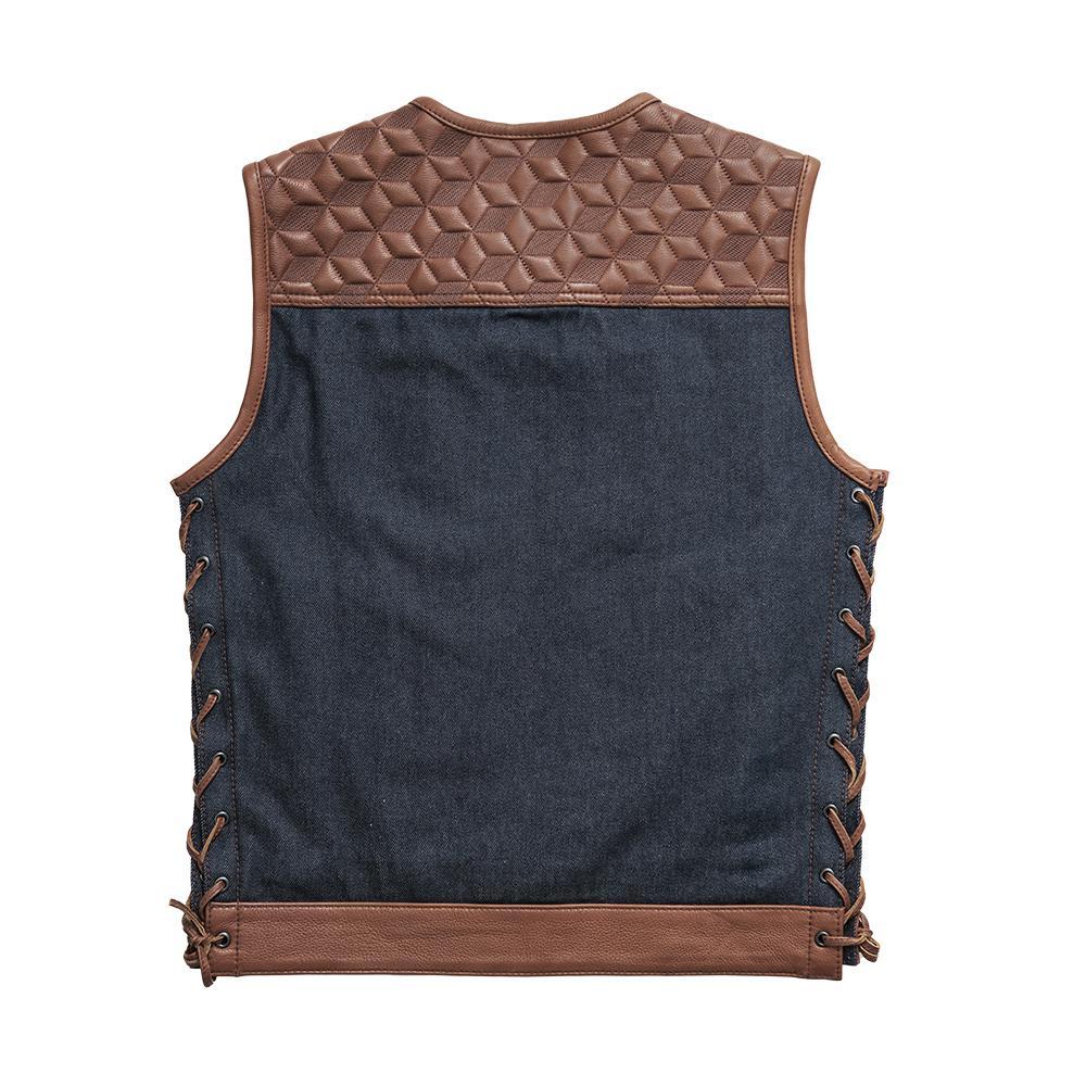 Red Label Men's Club Style Leather and Denim Vest featuring indigo denim torso, whiskey leather accents, and quilted shoulder texture.