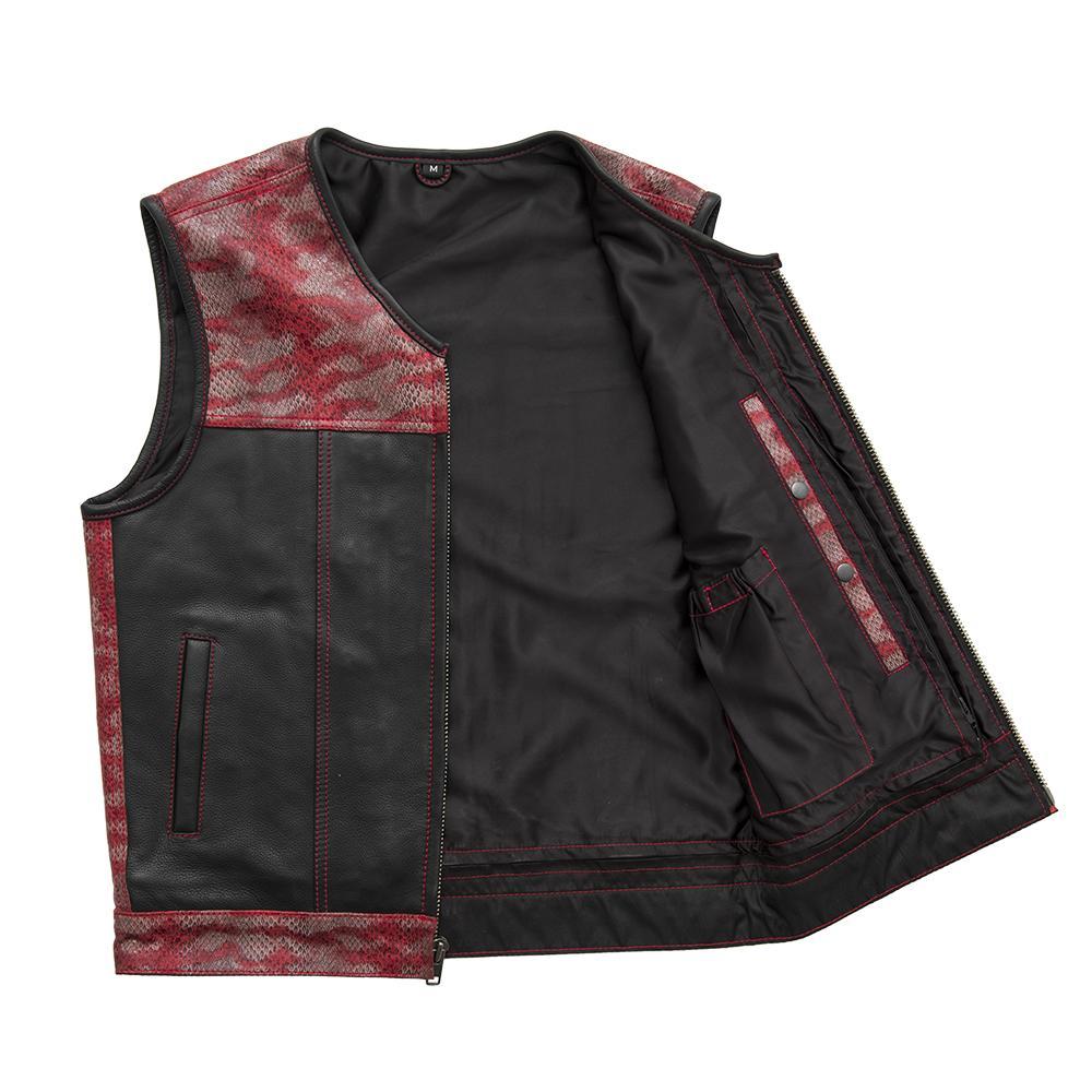 Red Racer Men's Euro Style Leather Vest featuring red stitching and snake design accents on a black leather background.