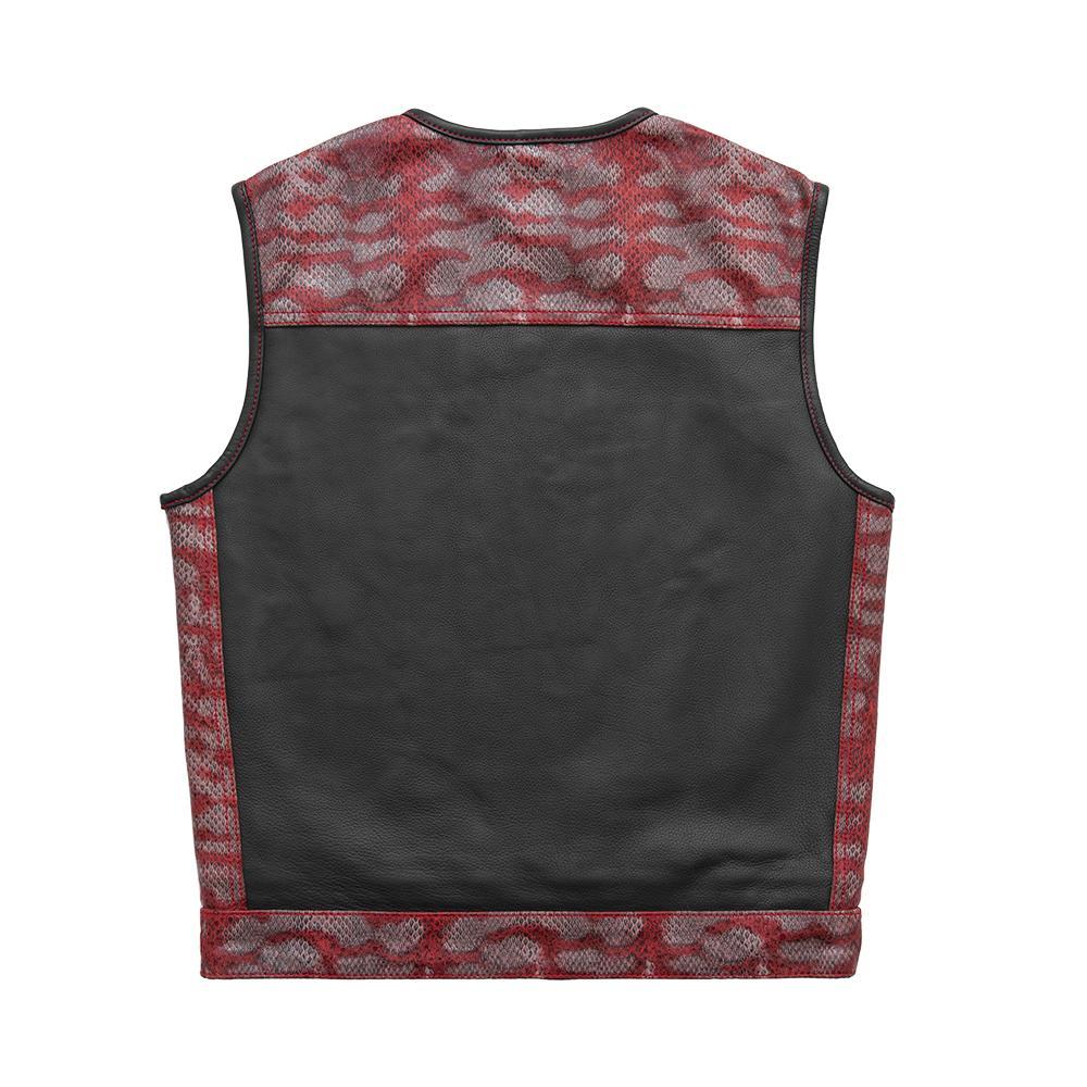 Red Racer Men's Euro Style Leather Vest featuring red stitching and snake design accents on a black leather background.