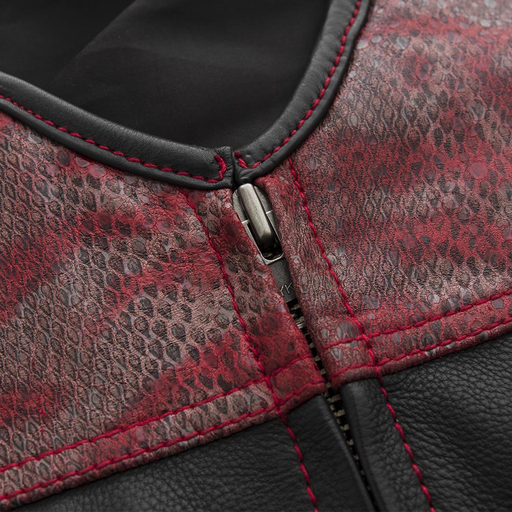 Red Racer Men's Euro Style Leather Vest featuring red stitching and snake design accents on a black leather background.