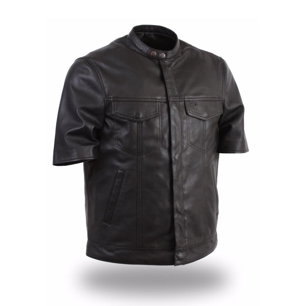 Men's lightweight leather shirt named Renegade featuring Euro-collar and multiple pockets.