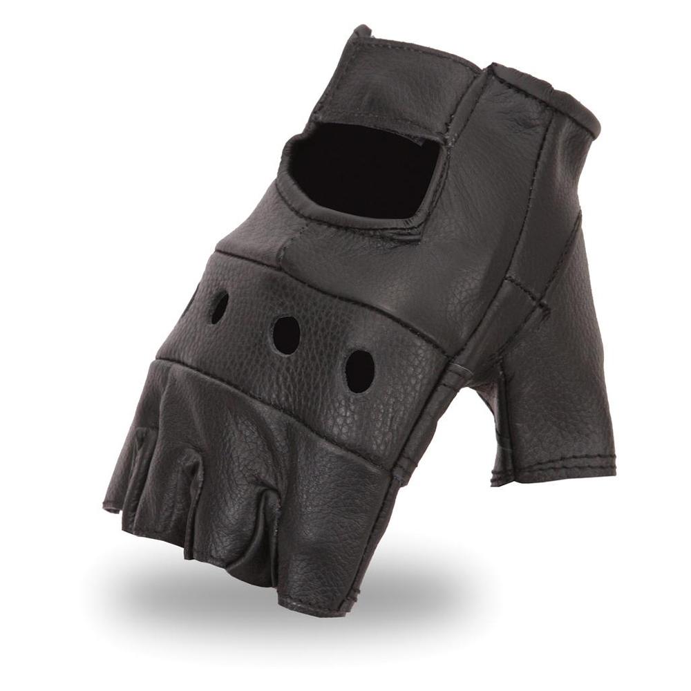 A pair of Roadster men's motorcycle leather gloves, featuring a classic finger-less design made from supple cowhide with perforated panels and an adjustable wrist strap.