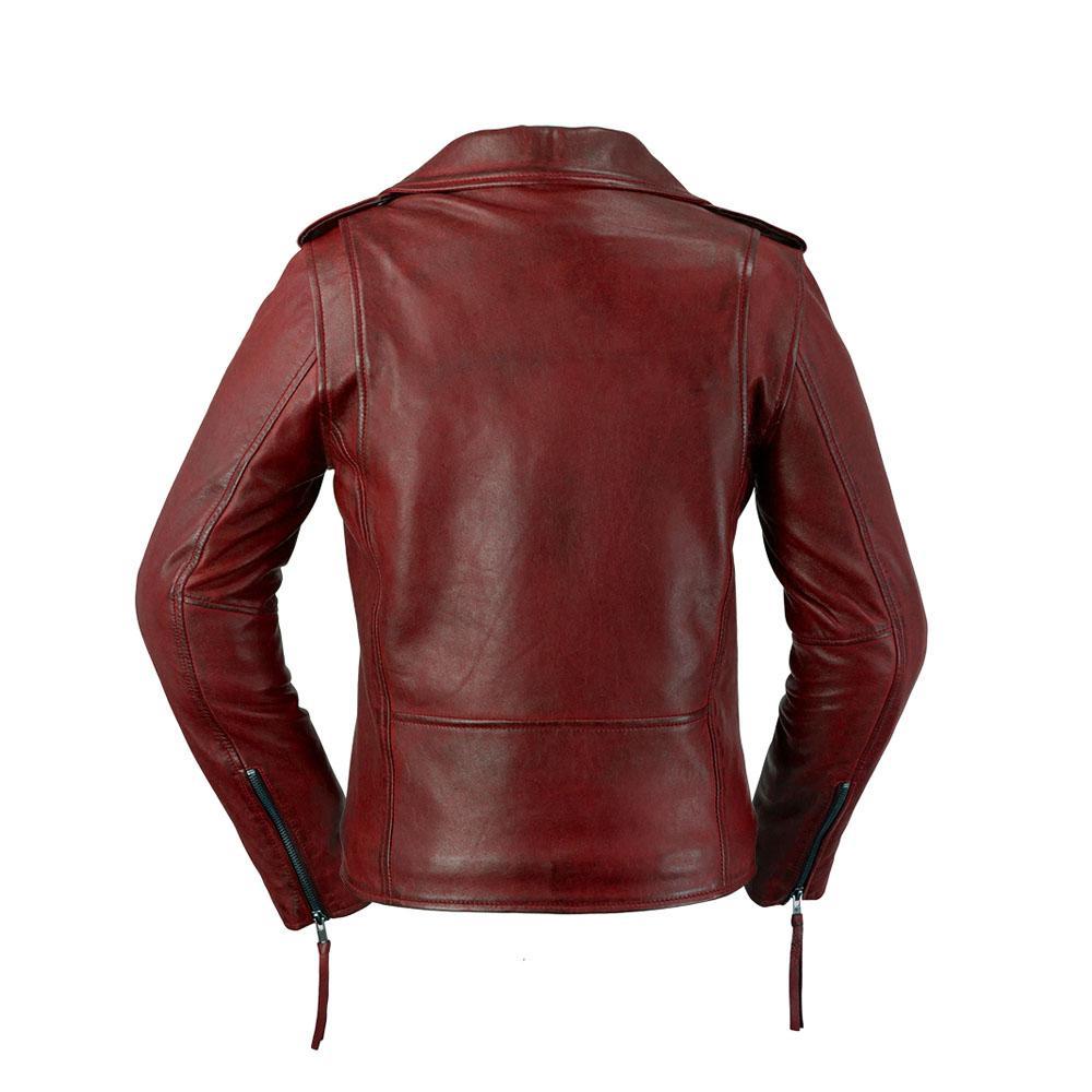 Rockstar Oxblood biker jacket made of premium lambskin leather with zippered pockets and a classic fit.