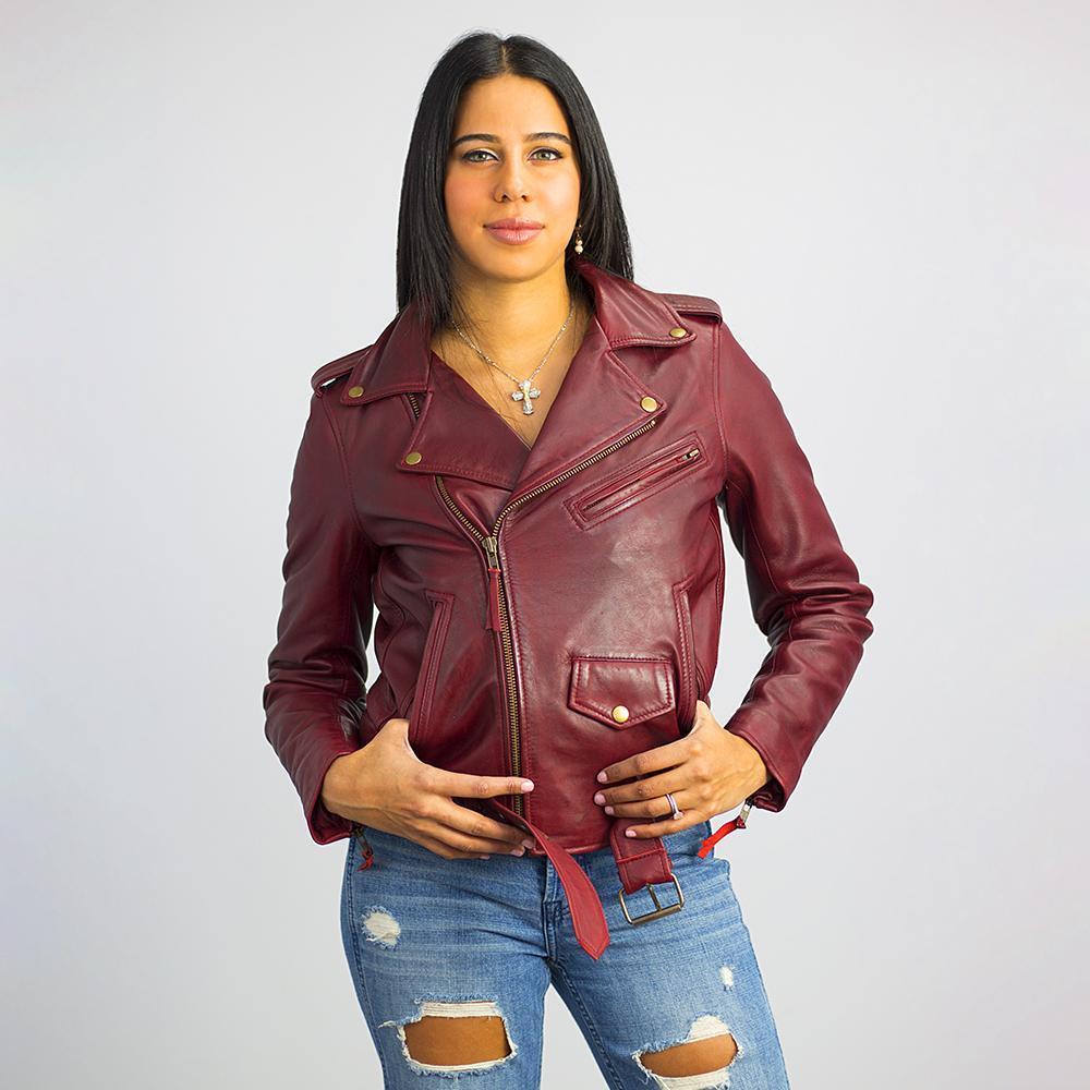 Rockstar Oxblood biker jacket made of premium lambskin leather with zippered pockets and a classic fit.