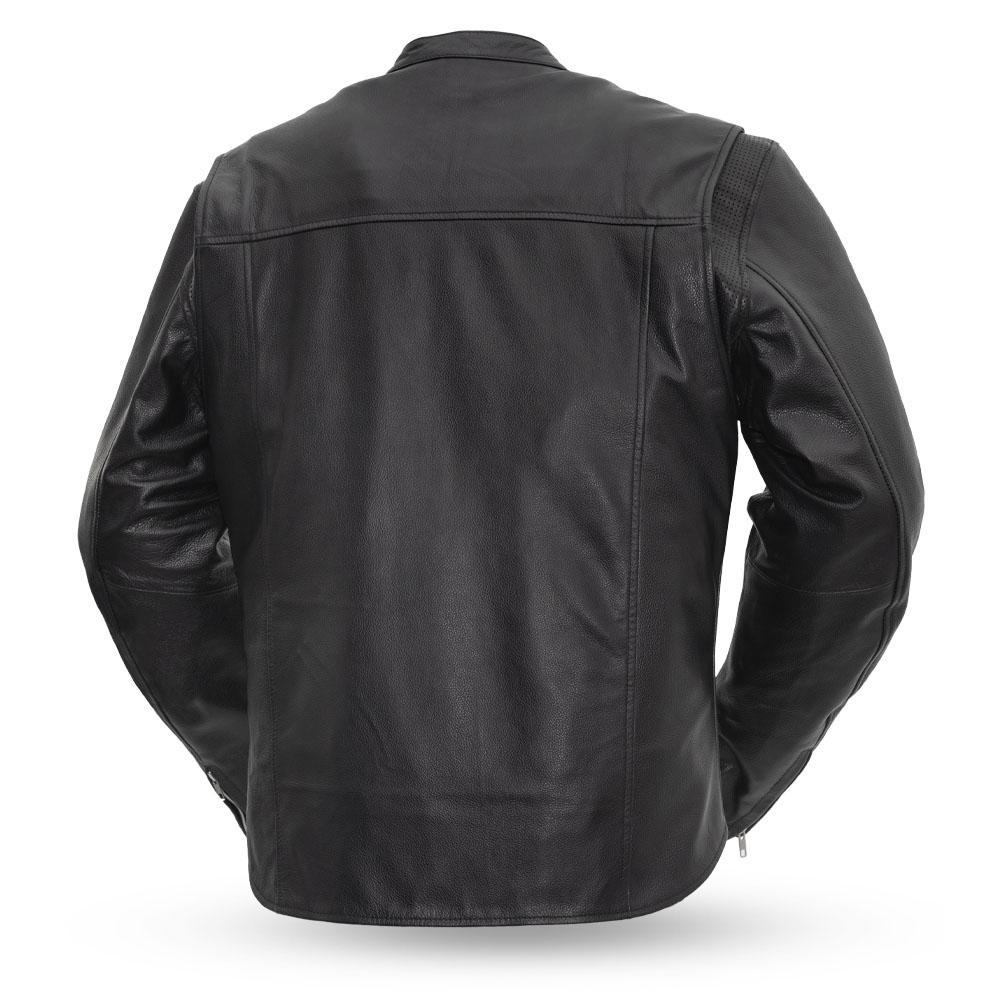 Rocky Men's Motorcycle Leather Jacket made from durable cowhide, featuring a banded collar, zippered pockets, and insulated liner.