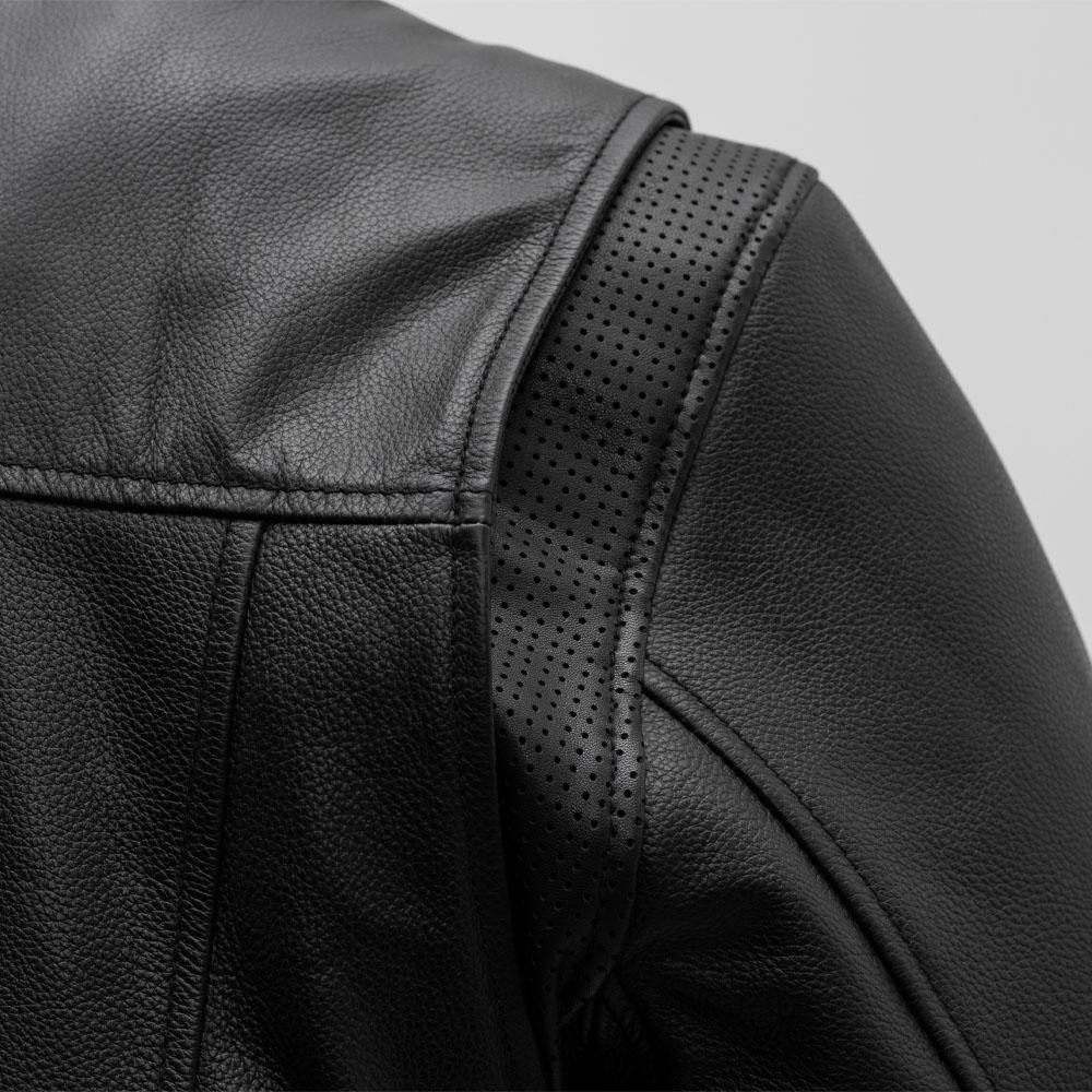 Rocky Men's Motorcycle Leather Jacket made from durable cowhide, featuring a banded collar, zippered pockets, and insulated liner.