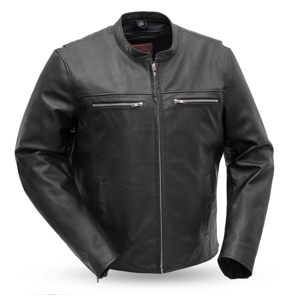 Rocky Men's Motorcycle Leather Jacket made from durable cowhide, featuring a banded collar, zippered pockets, and insulated liner.