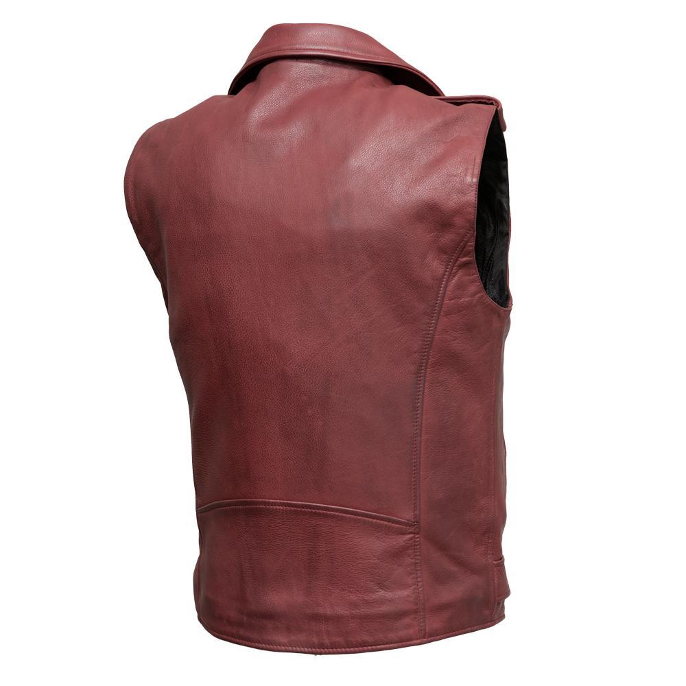 Roller Men's Motorcycle Leather Vest made from premium cowhide leather, featuring asymmetrical zipper and multiple pockets.