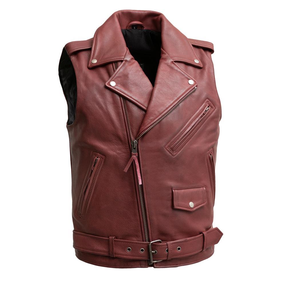 Roller Men's Motorcycle Leather Vest made from premium cowhide leather, featuring asymmetrical zipper and multiple pockets.