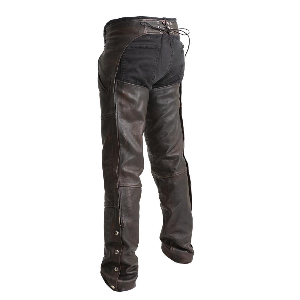 Rover Unisex Motorcycle Leather Chaps made from copper naked cowhide leather, featuring deep storage pockets and a zip buffer for comfort.