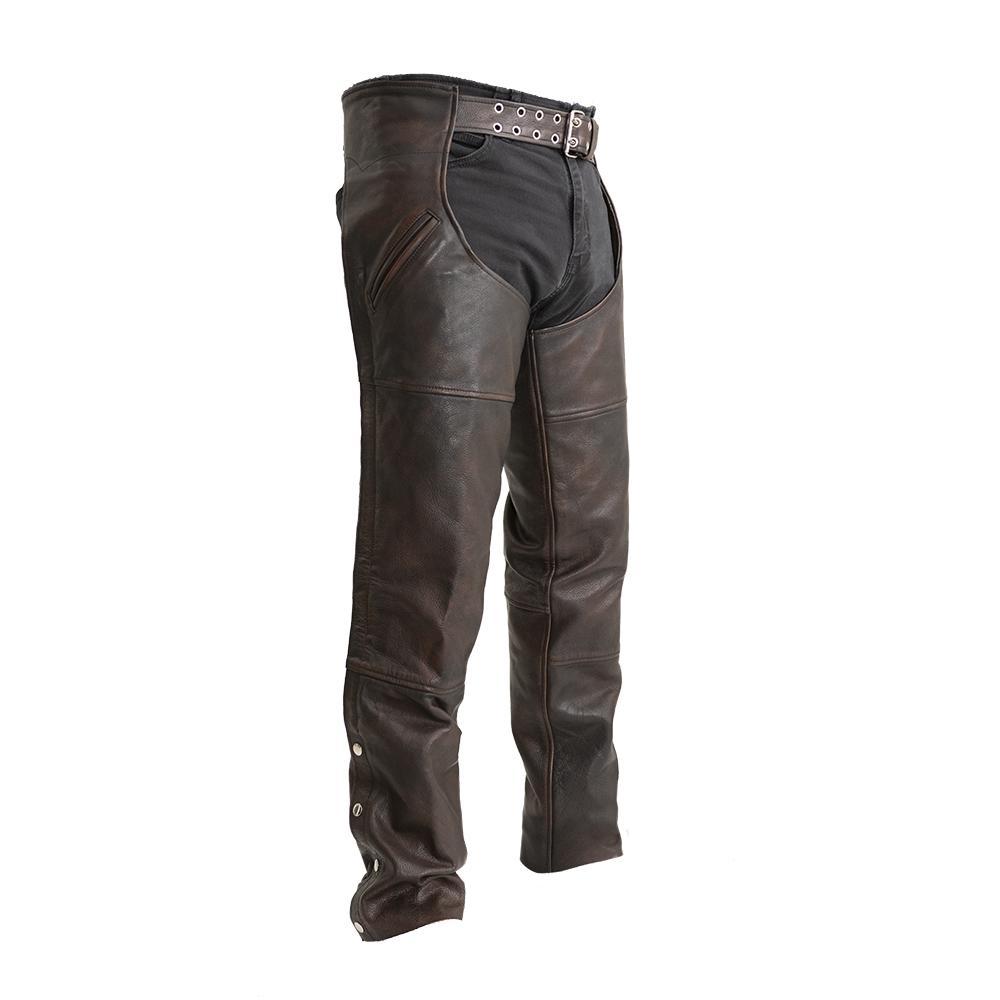 Rover Unisex Motorcycle Leather Chaps made from copper naked cowhide leather, featuring deep storage pockets and a zip buffer for comfort.